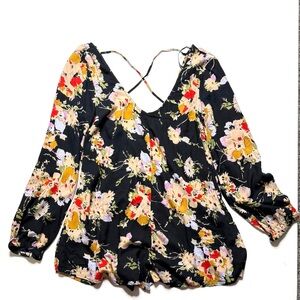 Billabong Black and Orange Floral Print Flutter Sleeve Criss Cross Shorts Romper